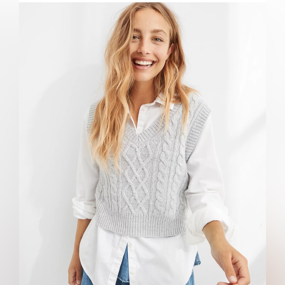 Aerie Light Gray Cable Knit Sweater Vest